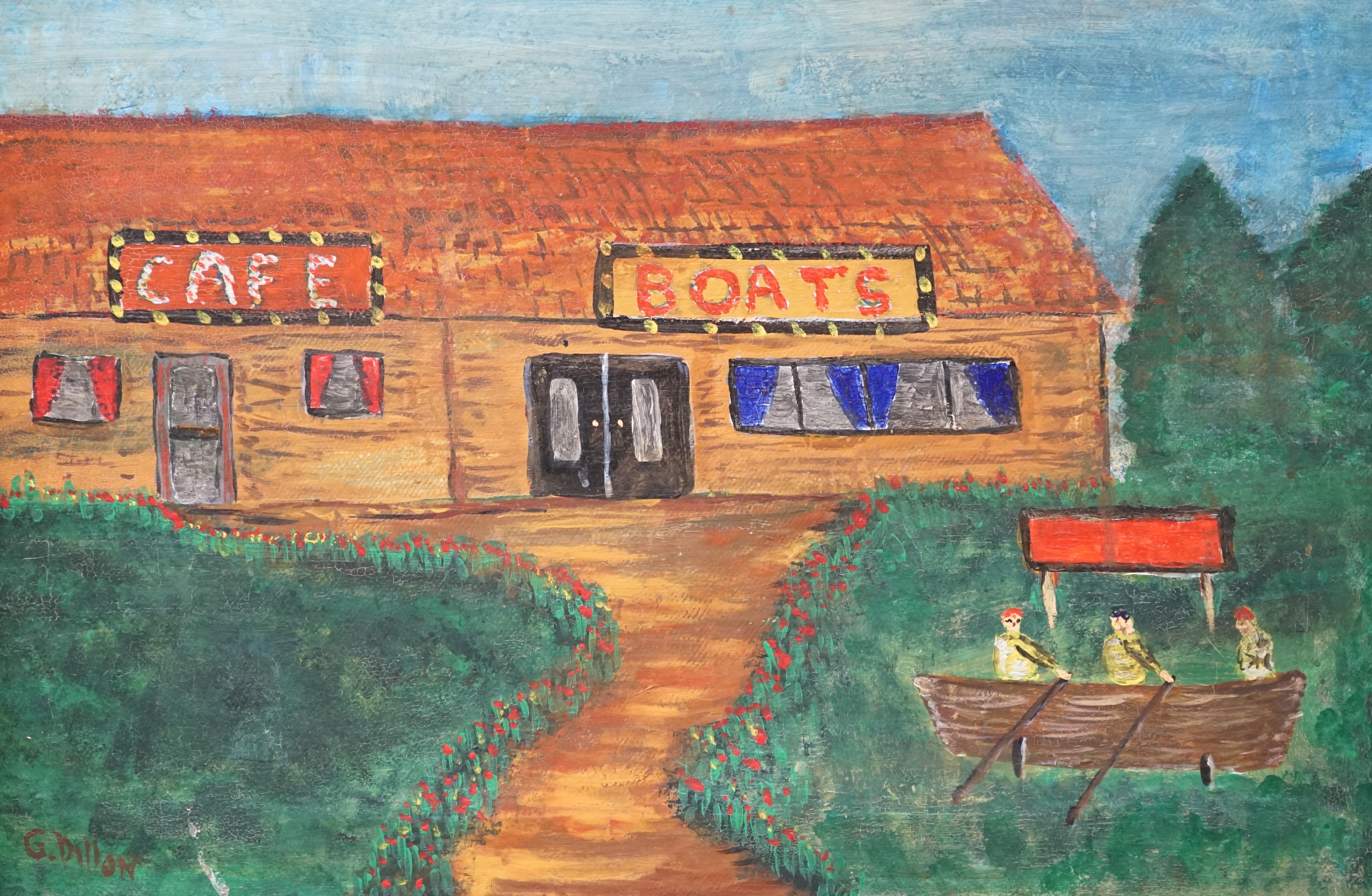 After Gerard Dillon (1916-1971), decorative oil on canvas, Cafe and Boat hire scene, 35 x 53cm. Condition - fair, would benefit from a clean, canvas sagging slightly